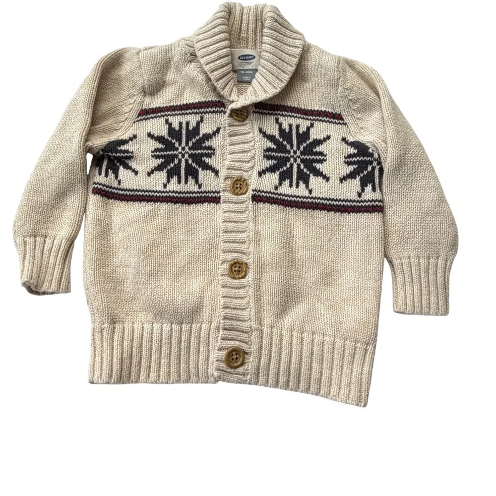 Old Navy Toddler Boys Fair Isle Shawl Collar Cardigan Sweater Oatmeal 18-24M
